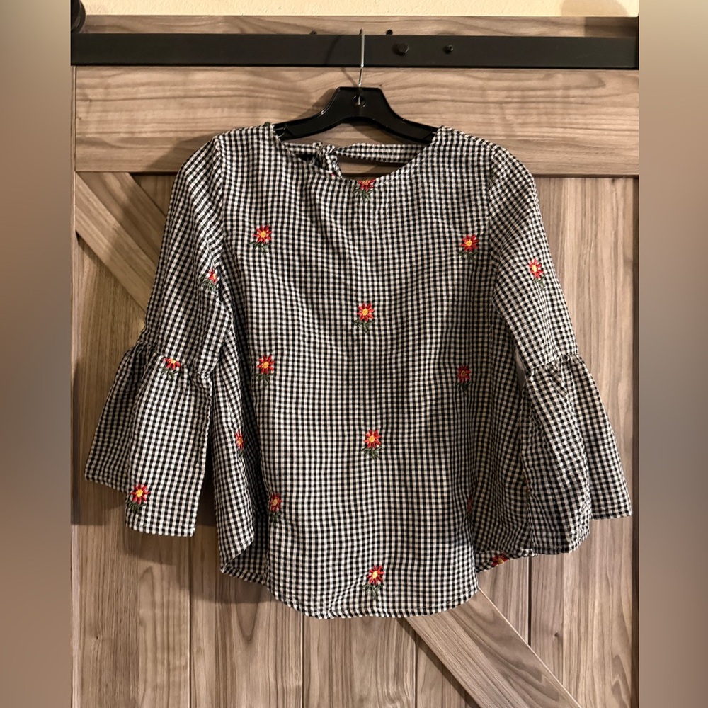 SHEIN Black and White Gingham Blouse with Red Floral Accents